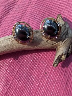 Genuine Hematite  Rhinestone Earrings  Gold Tone Vintage Studs Goth Glam